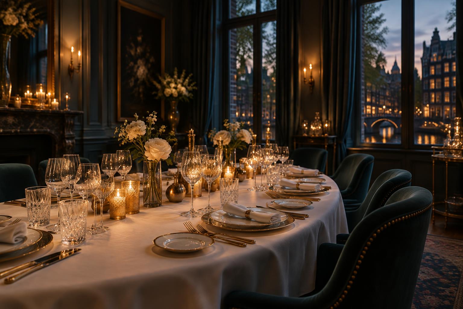 Sjiek gedekte dinertafel met kaarslicht in het Amstel Hotel